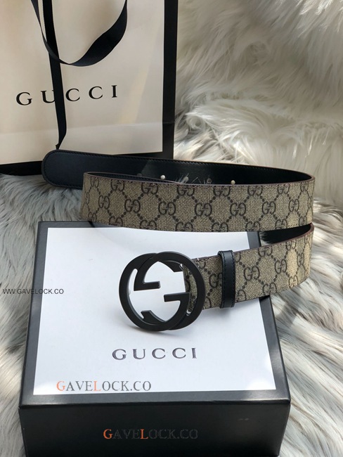 Gucci Black Leather Belt PVC Brown Monogram Black Buckle